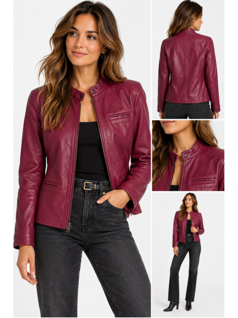Jill Stuart Made in Italy 100% Genuine Leather Jacket Zip Front Magenta Berry L